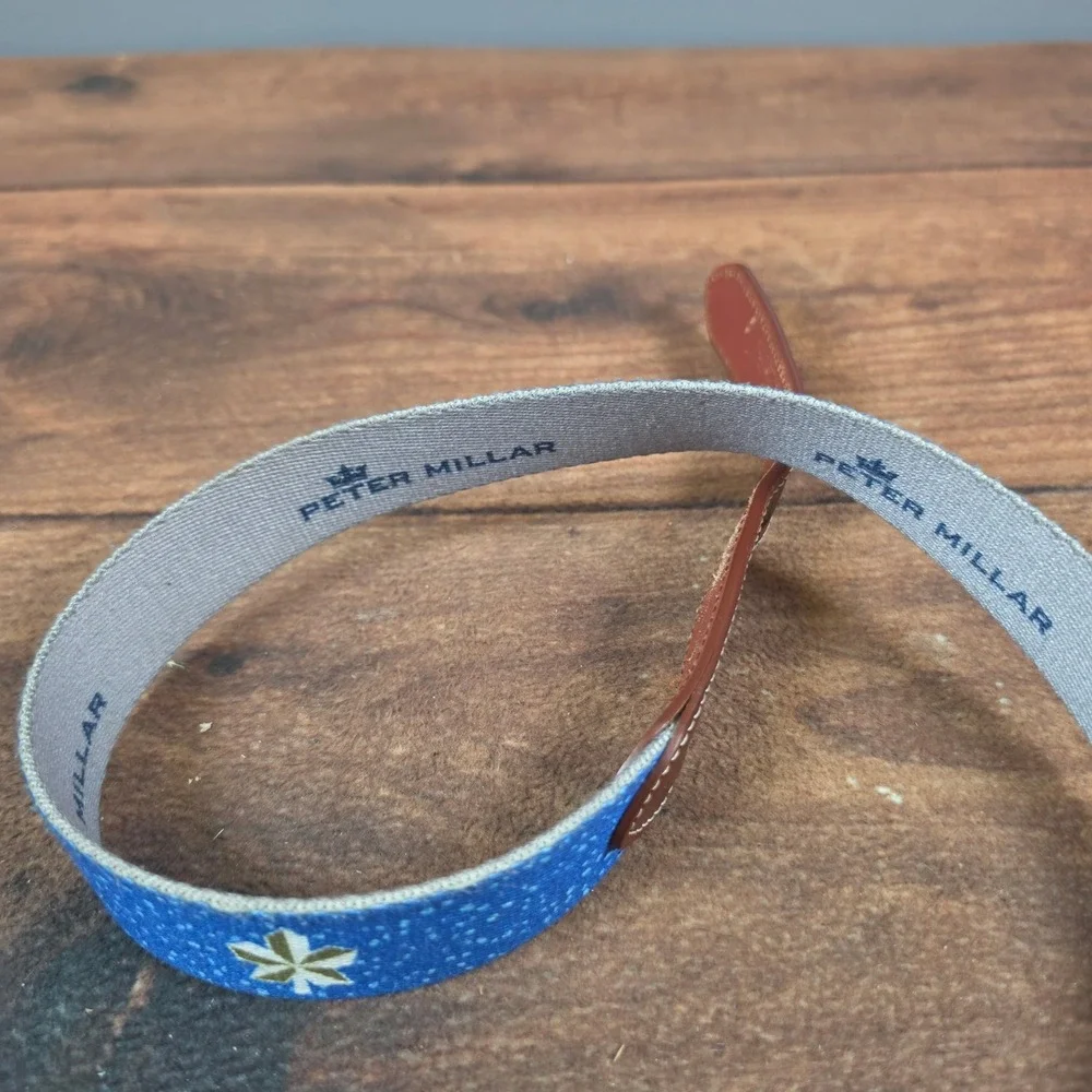 Peter Millar Canvas Belt Mens 40 Blue Good Embroidered Leather Trim